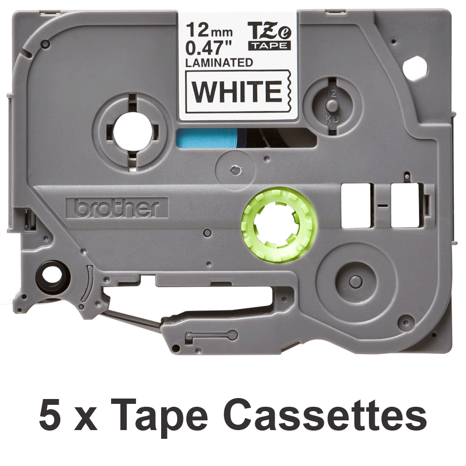 TZe-231M5 iepakojums ar 5 oriģinālām Brother uzlīmju lenšu kasetēm – melnas drukas baltas lentes, 12mm platas 2